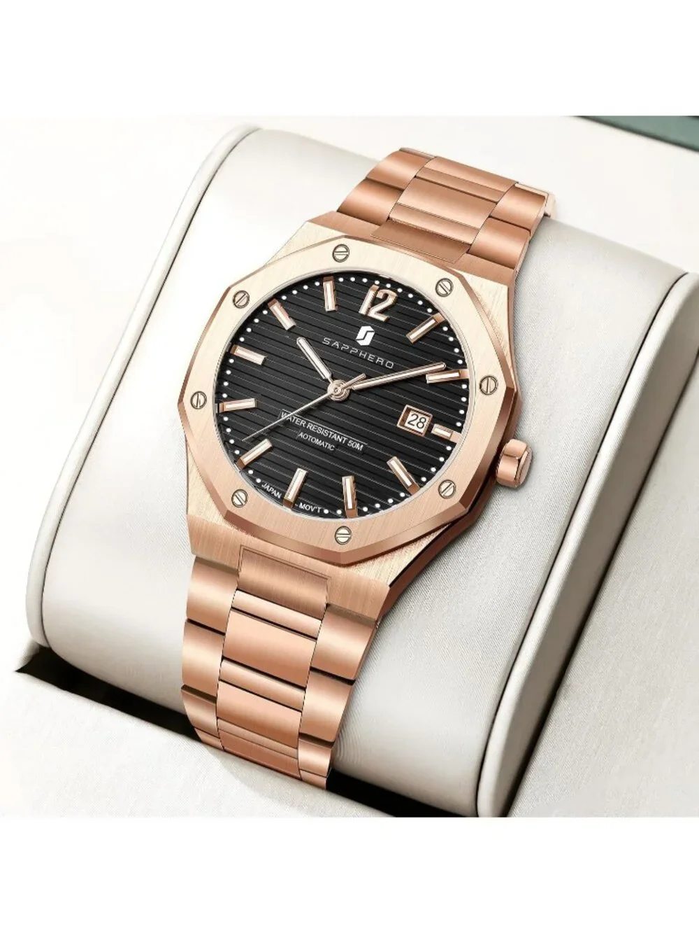 Men's Rose Gold Strap / Black Face Chronograph Stainless Steel Waterproof Watch